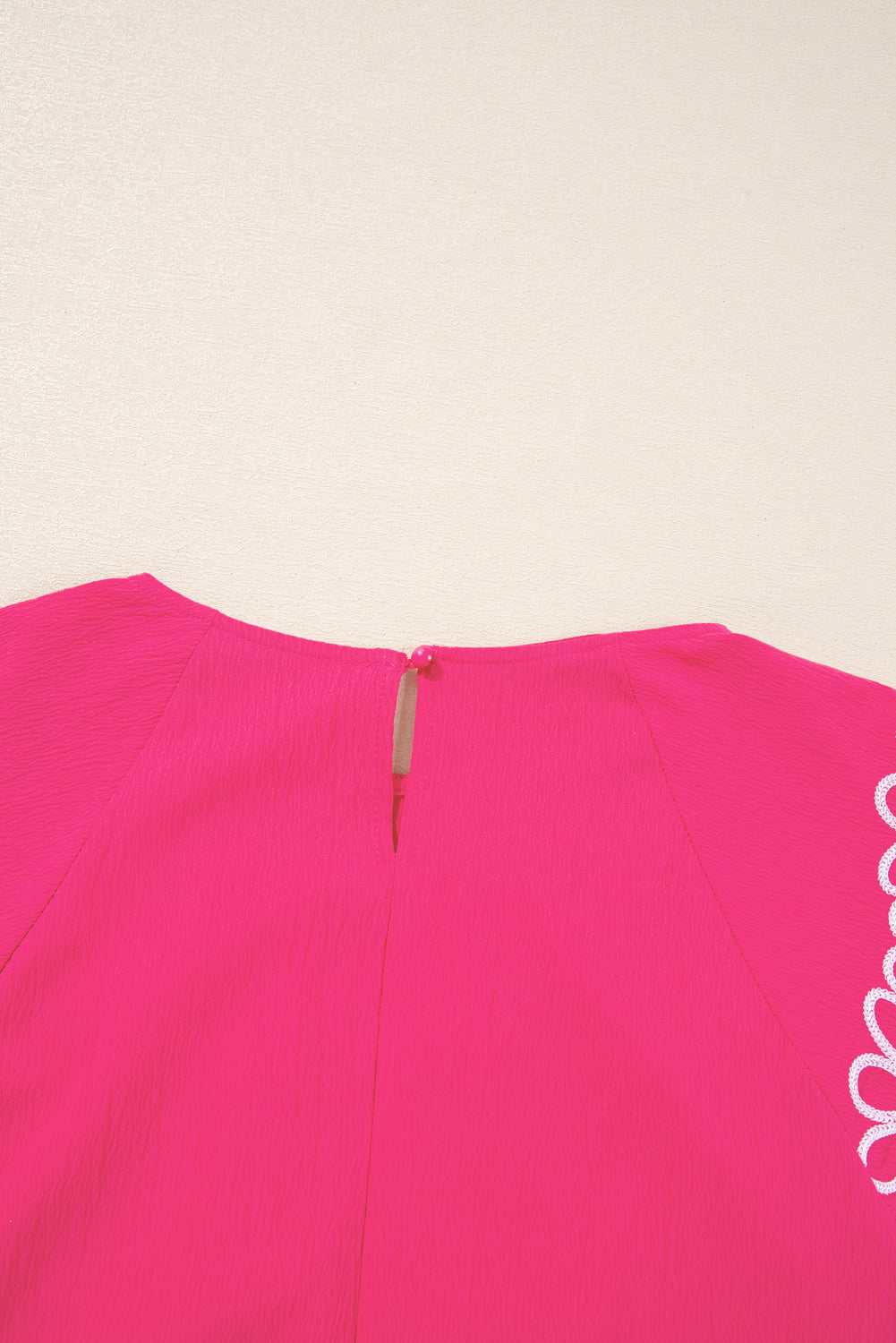 Strawberry Pink Floral Embroidered Flutter Sleeve Pleated O Neck Plus Size Blouse