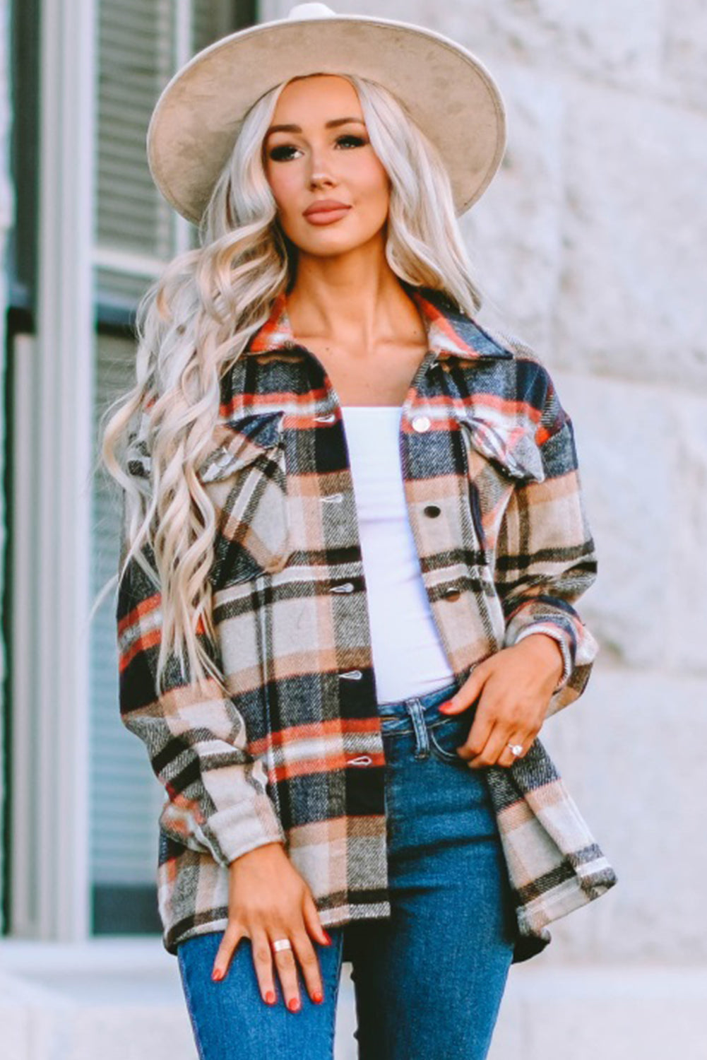 Brown Plaid Button Up Long Sleeve Flannel Jacket