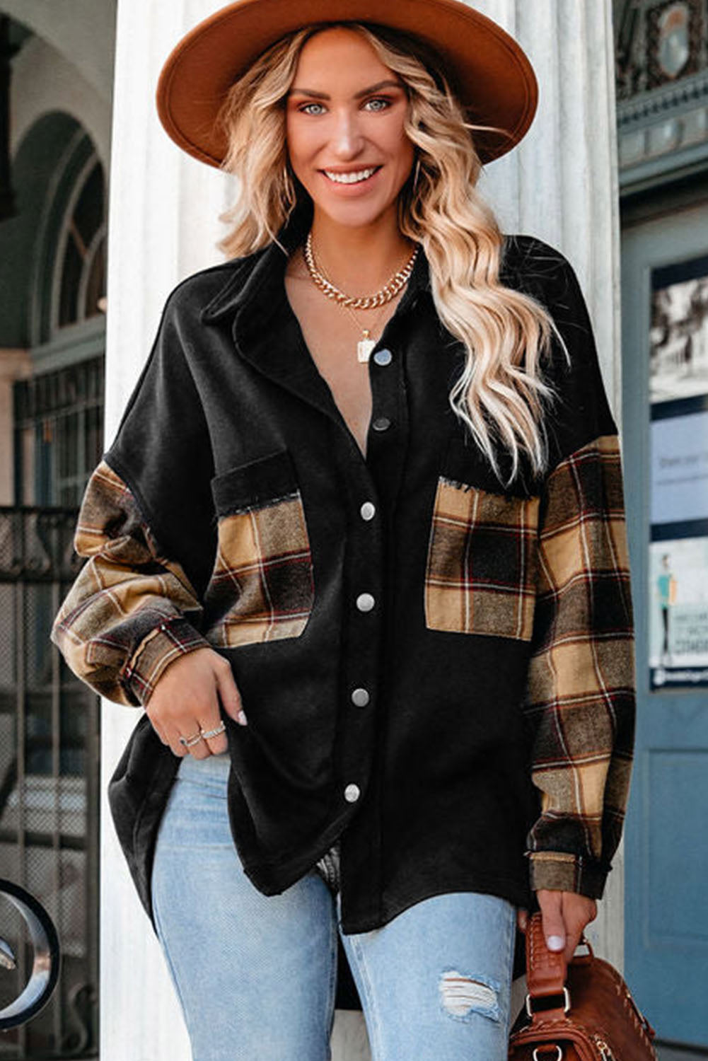 Rose Plaid Patchwork Chest Pockets Oversized Shirt Shacket