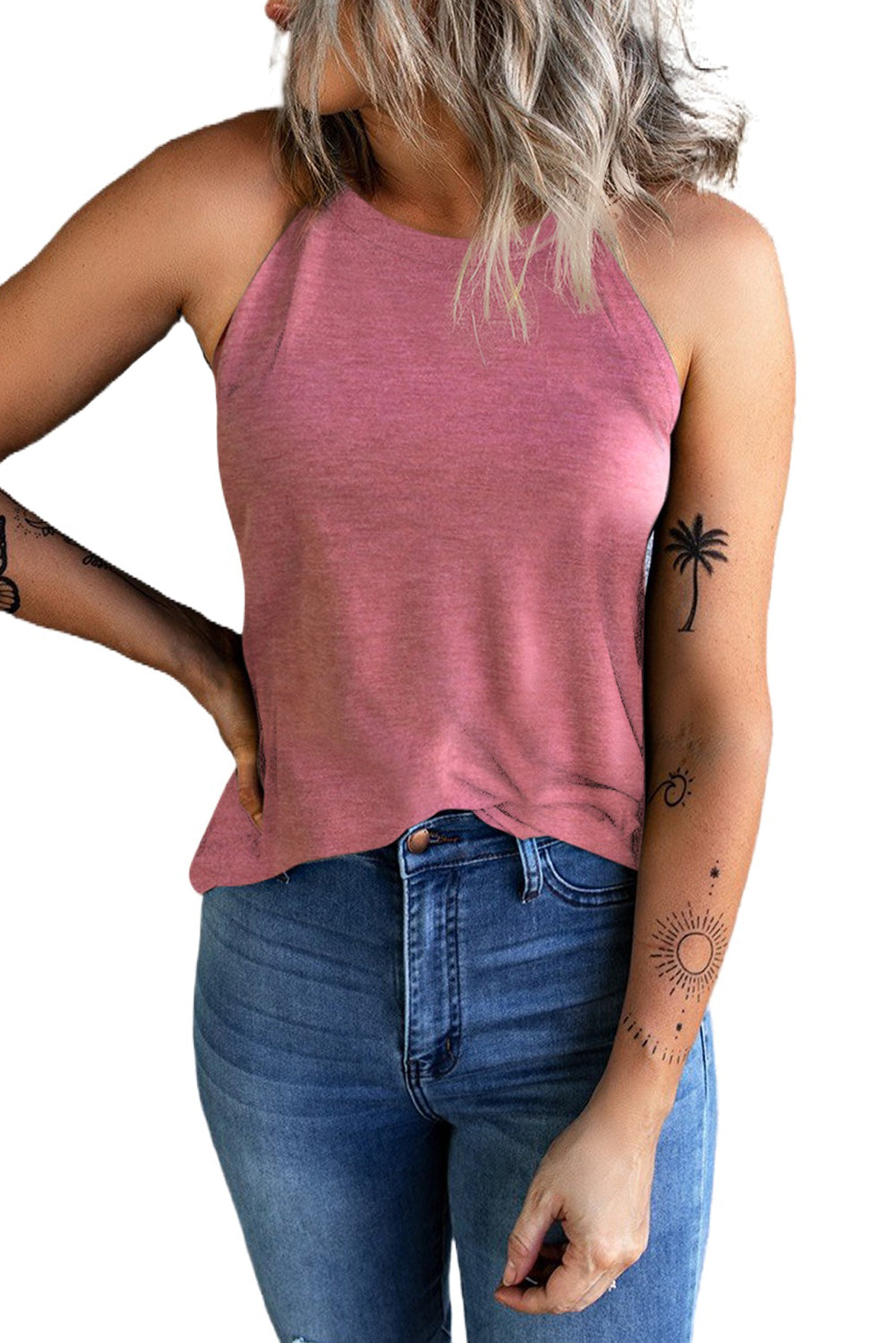Pink Solid Color Crew Neck Tank Top