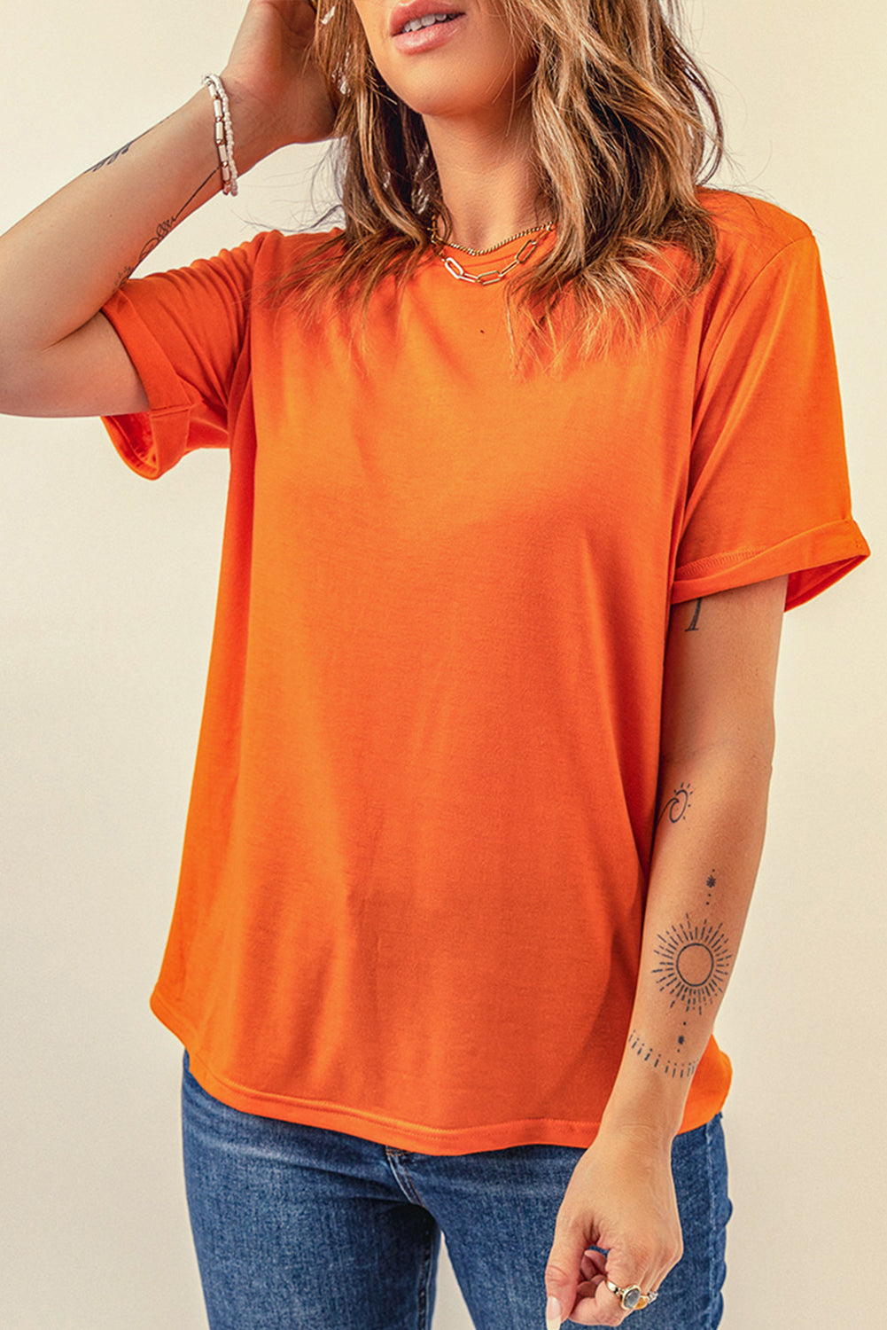 Green Plain Solid Color Crew Neck Tee