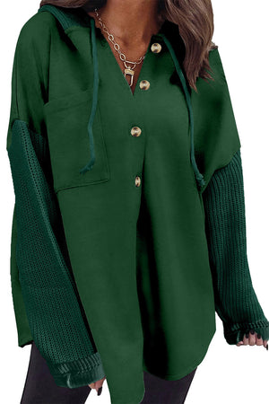 Gray Button Up Contrast Knitted Sleeves Hooded Jacket