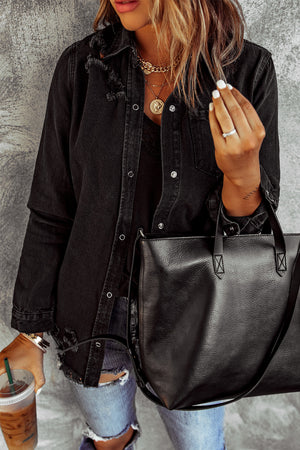 Green Casual Ripped Raw Hem Button Up Denim Shacket