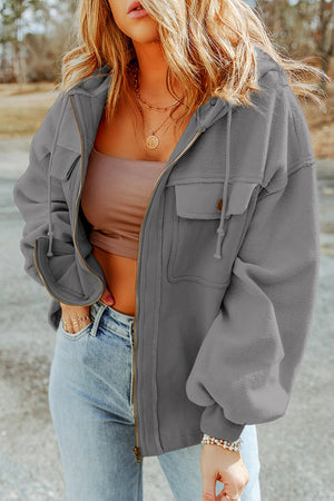 Grey Bishop Sleeve Zip Up Hoodie Jacket with Flap Pockets