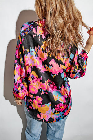 Green Graffiti Colorblock Casual V Neck Puff Sleeve Blouse