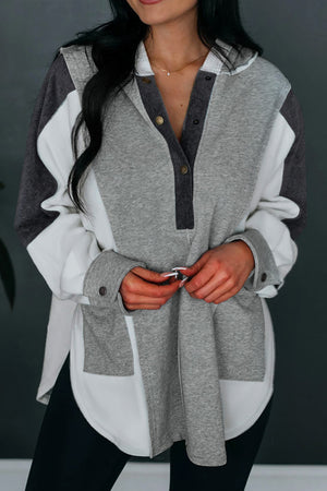 Grey Color Block Snap Button Exposed Seam Pullover Hoodie
