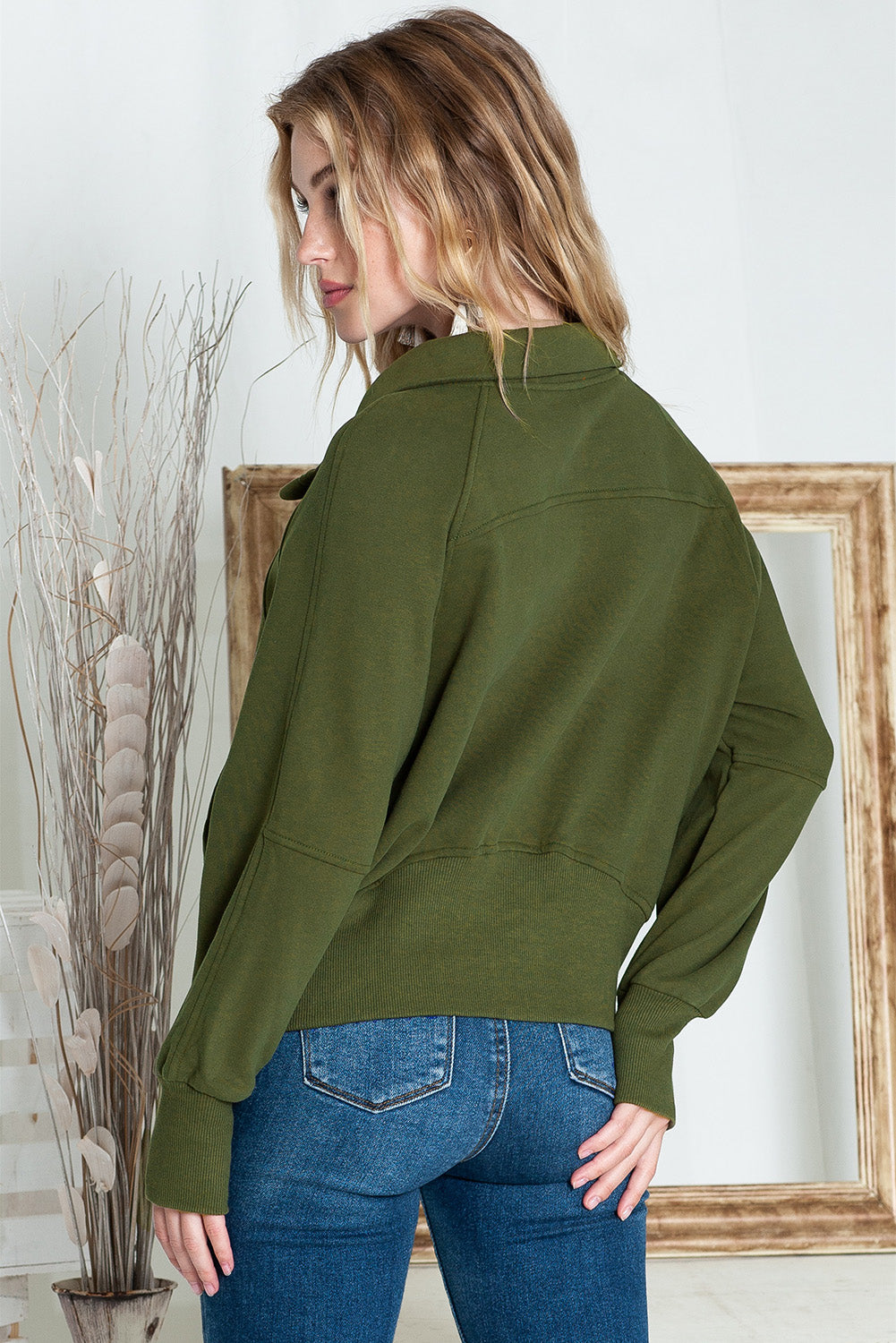 Green Zip Up Stand Collar Ribbed Thumbhole Sleeve Sweatshirt