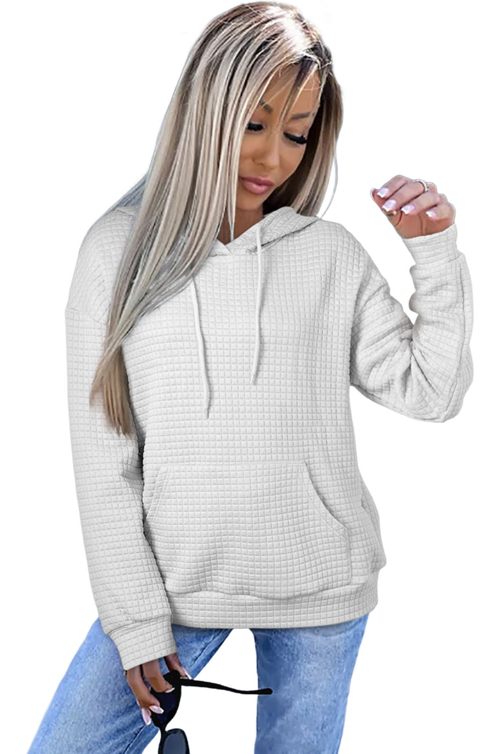 Gray Lattice Textured Kangaroo Pocket Drawstring Hoodie