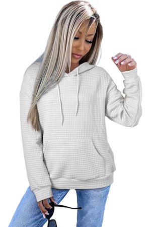 Gray Lattice Textured Kangaroo Pocket Drawstring Hoodie