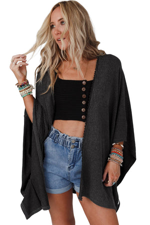 Black Textured Lace Trim Open Front Kimono Cardigan