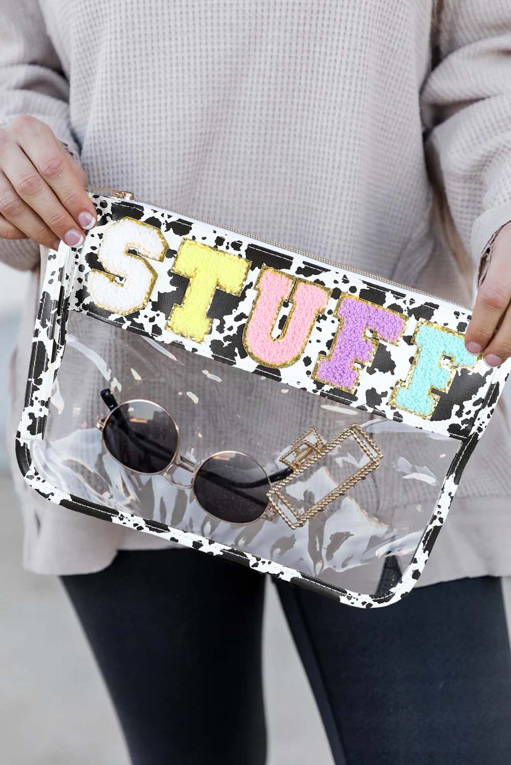 Black STUFF Cow Print Transparent Zipped Handbag