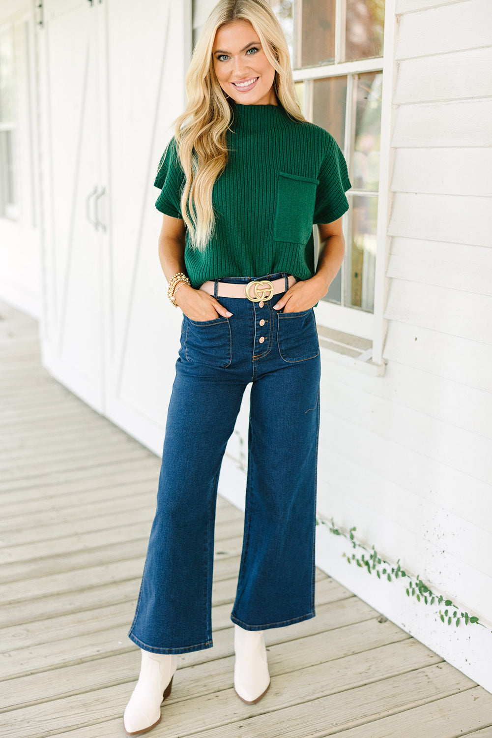 Green Patch Pocket Ribbed Knit Short Sleeve Sweater