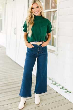 Green Patch Pocket Ribbed Knit Short Sleeve Sweater
