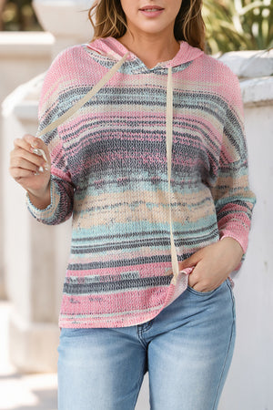 Multicolor Striped Print Cable Knit Drop Shoulder Hoodie