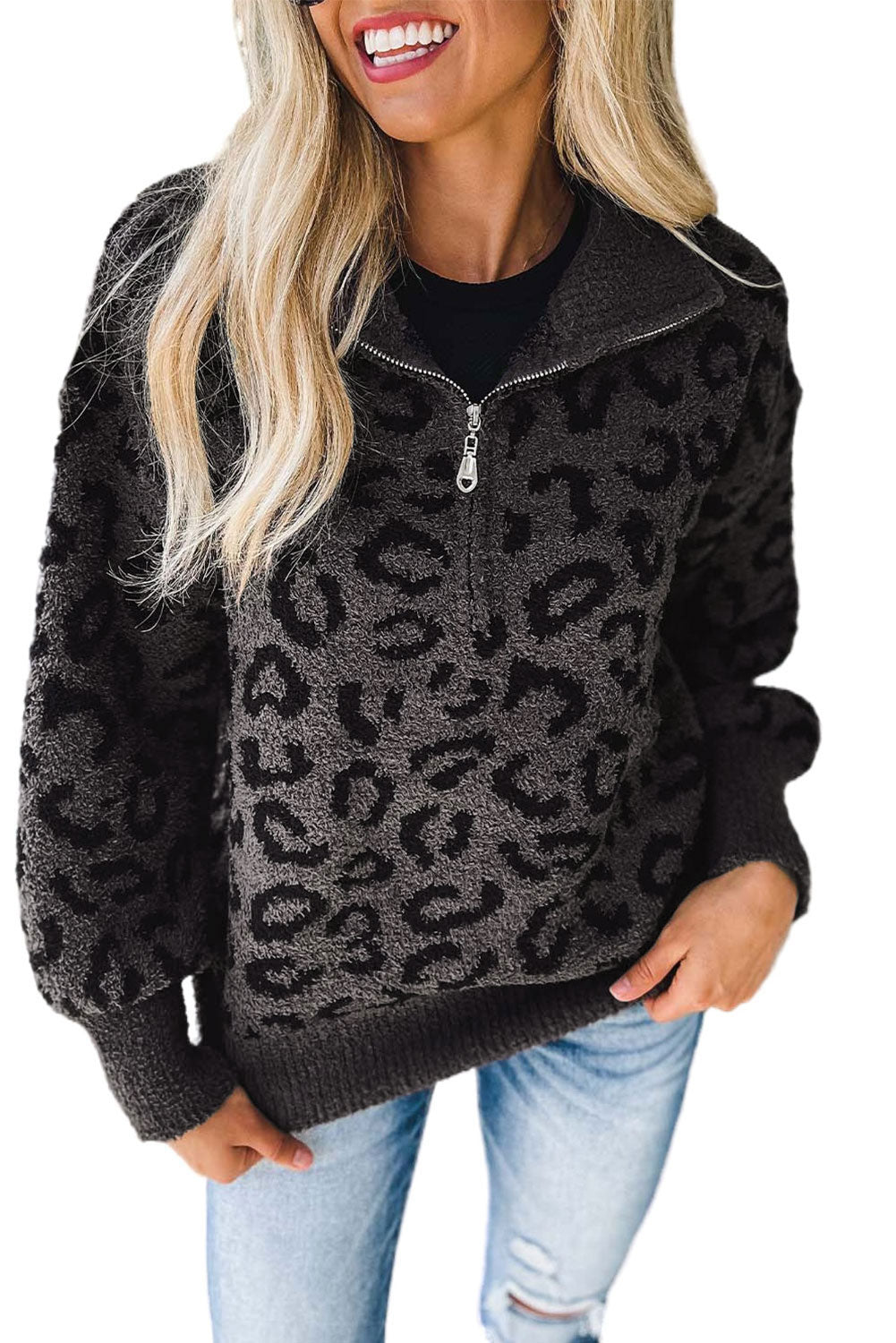 Leopard Casual Animal Print Zipped Collared Sweater