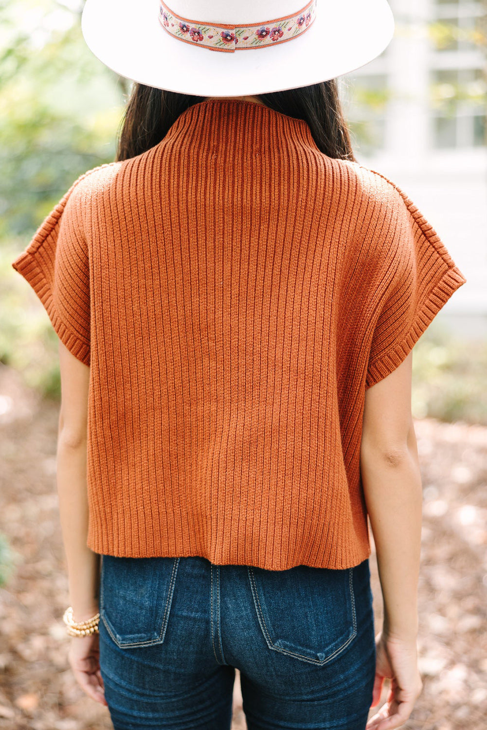 Green Patch Pocket Ribbed Knit Short Sleeve Sweater