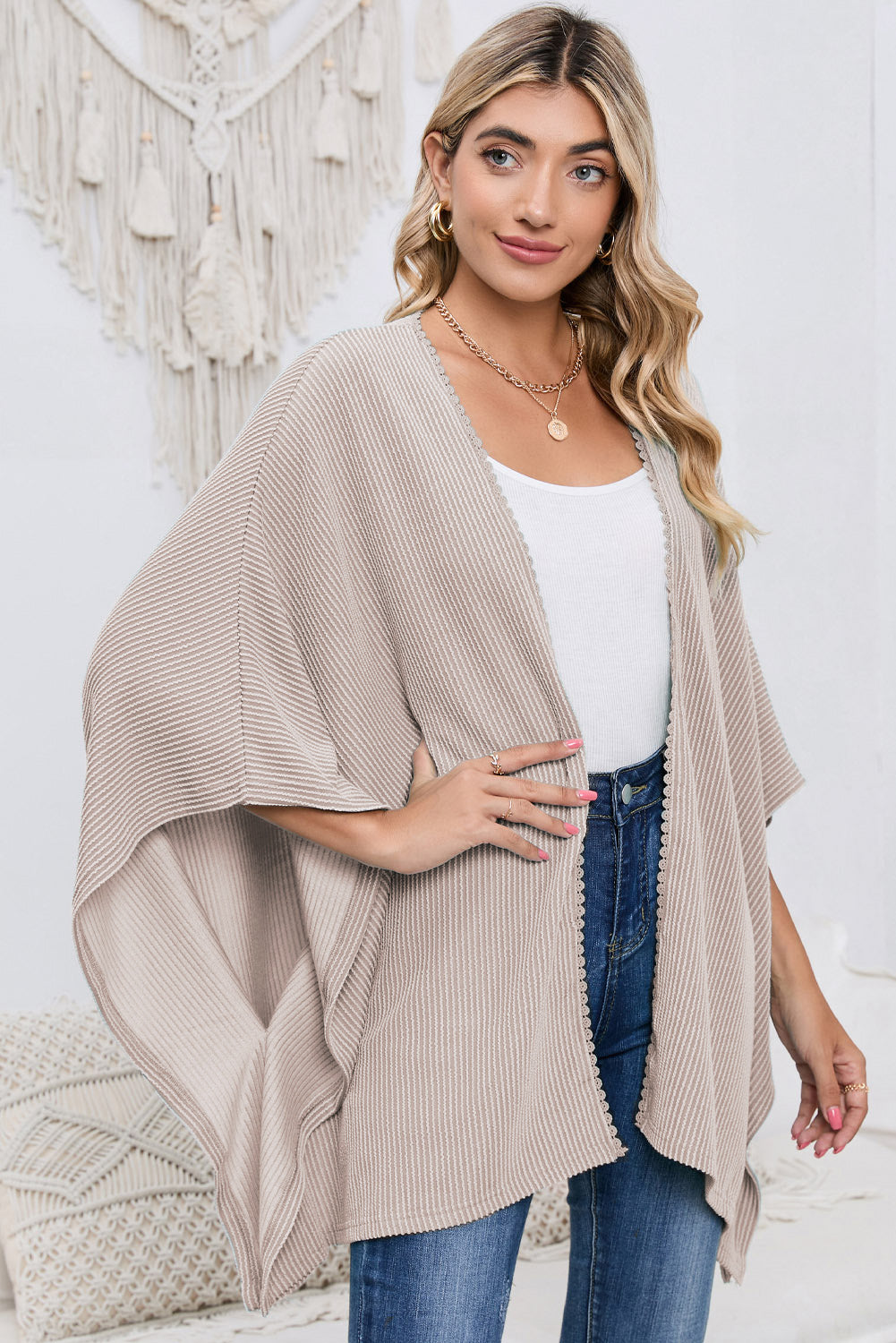 Black Textured Lace Trim Open Front Kimono Cardigan