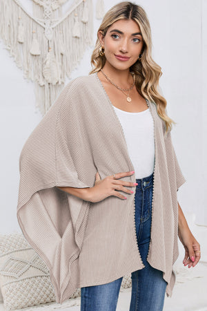 Black Textured Lace Trim Open Front Kimono Cardigan