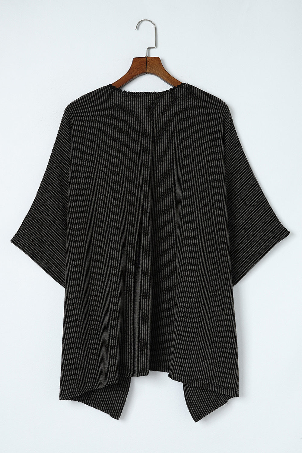 Black Textured Lace Trim Open Front Kimono Cardigan