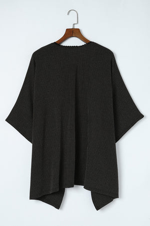 Black Textured Lace Trim Open Front Kimono Cardigan