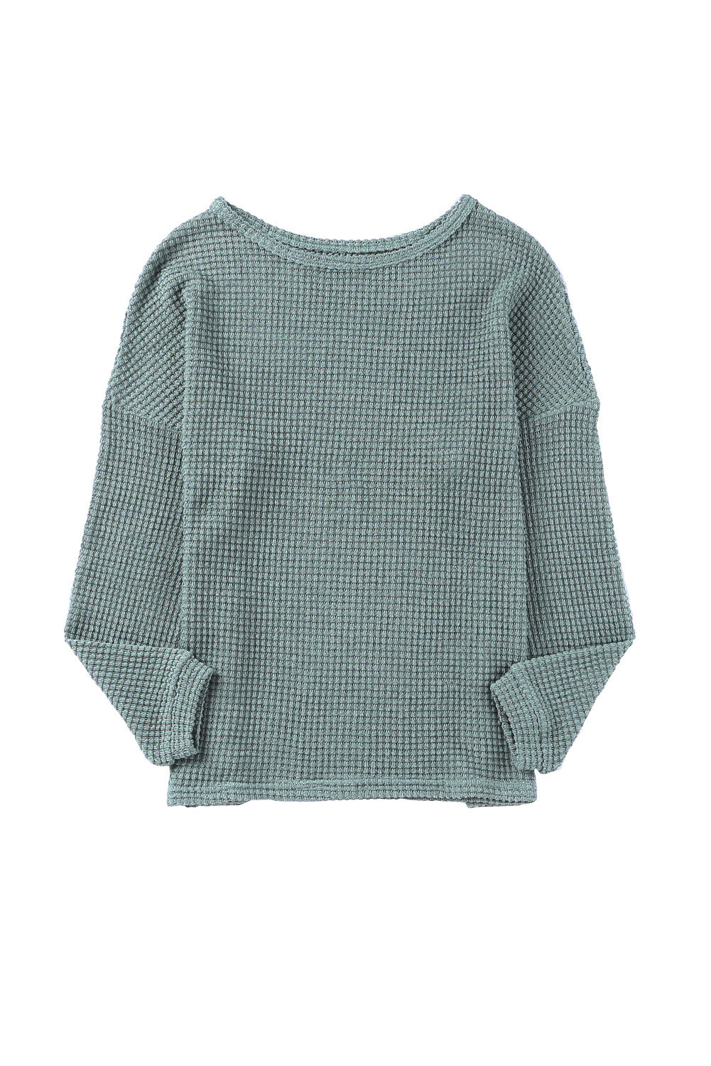 Green Waffle Knit Drop Shoulder Long Sleeve Top