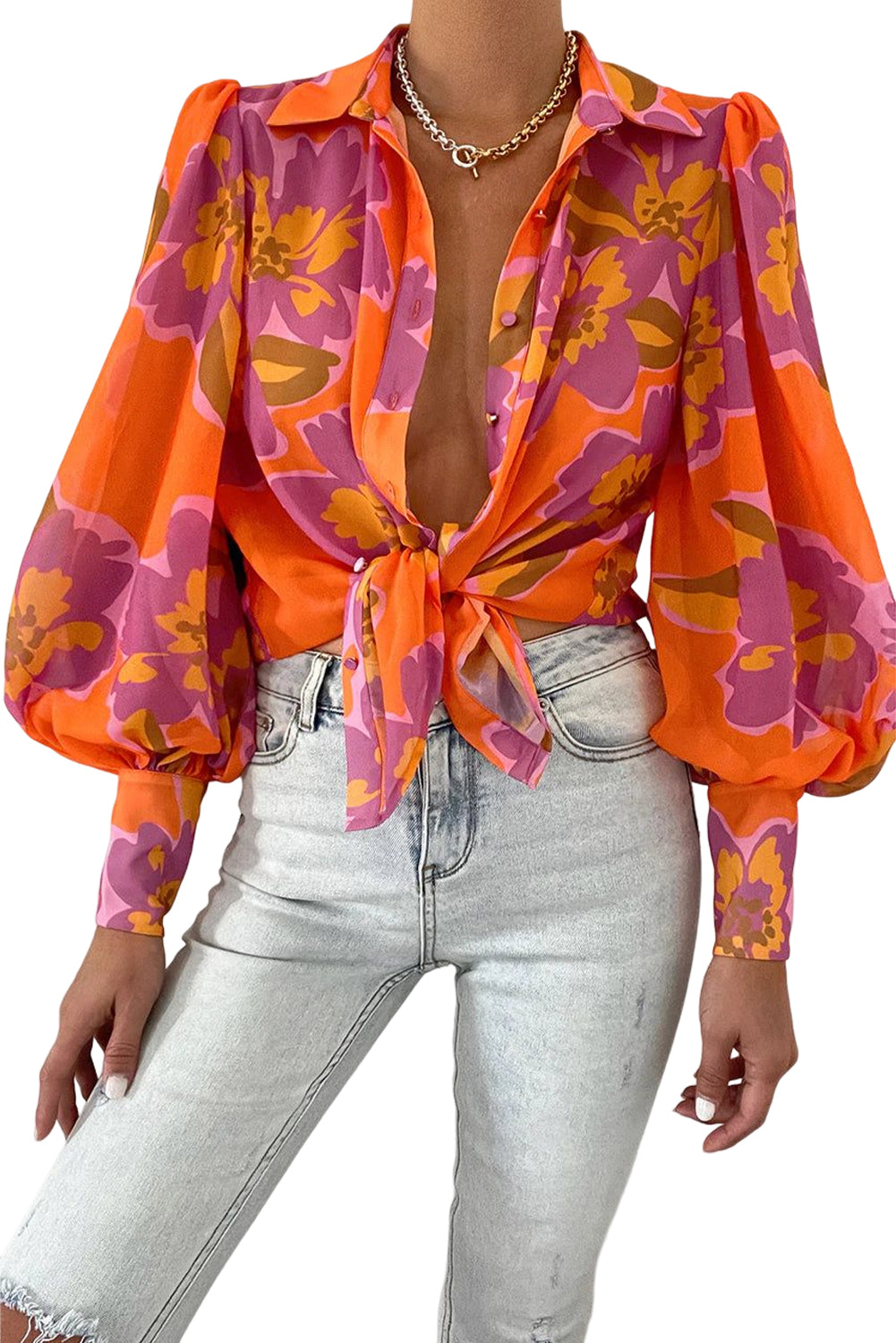 Multicolor Swirl Color Block Print Lantern Sleeve Shirt