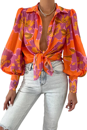 Multicolor Swirl Color Block Print Lantern Sleeve Shirt