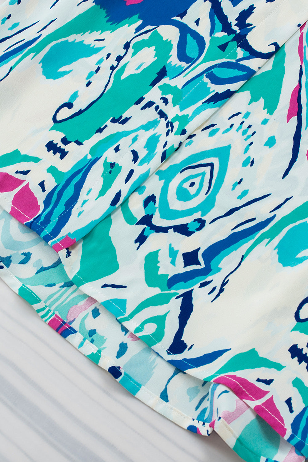 Sky Blue Paisley Print Lantern Sleeve Shirred Cuffs Blouse