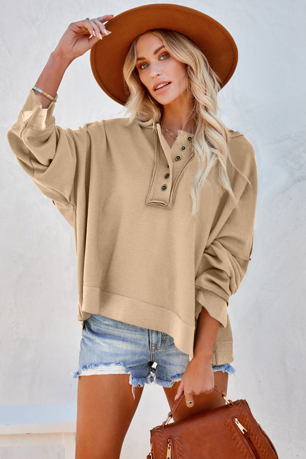 Orange Basic & Casual Button Front Pullover Hoodie
