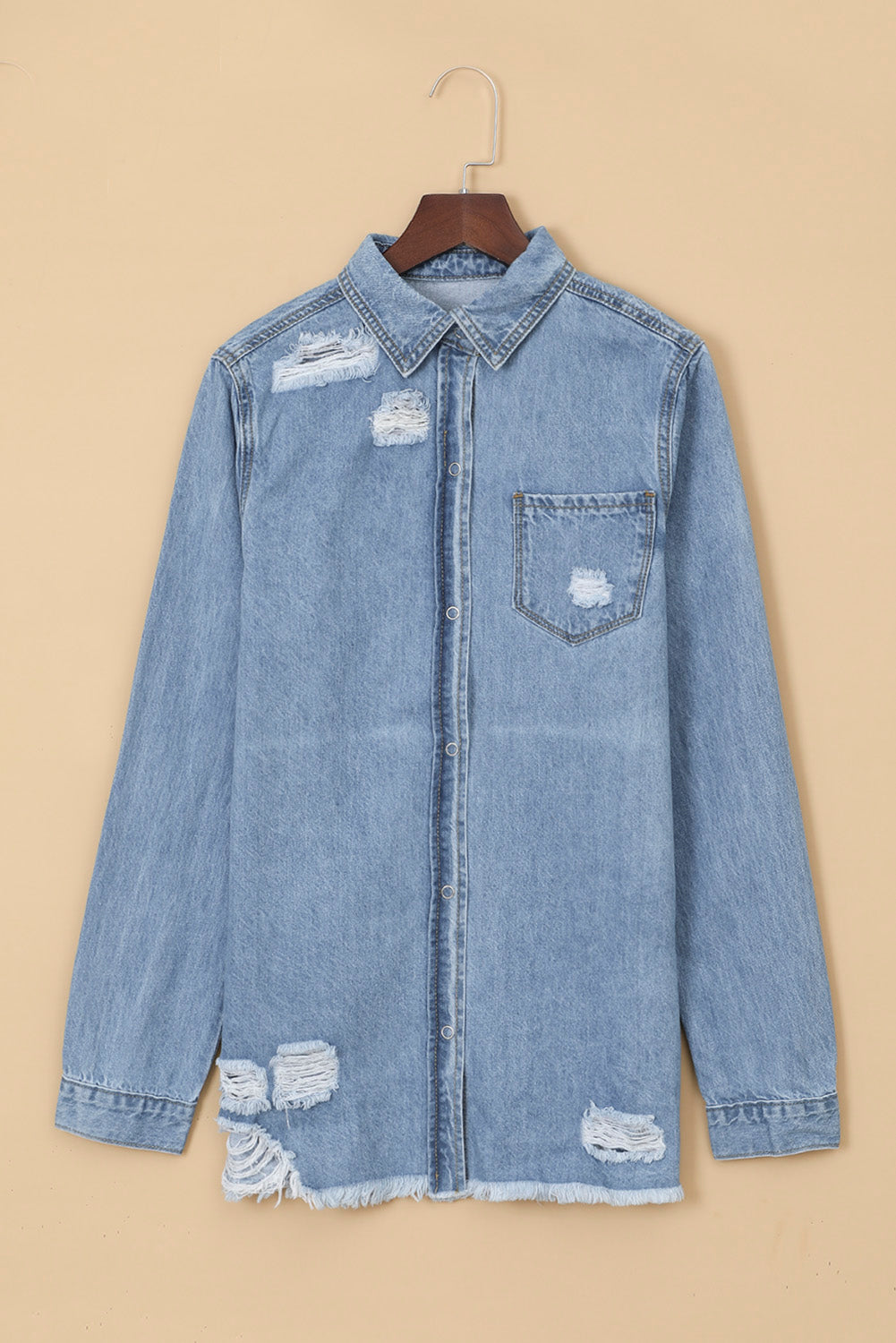 Green Casual Ripped Raw Hem Button Up Denim Shacket