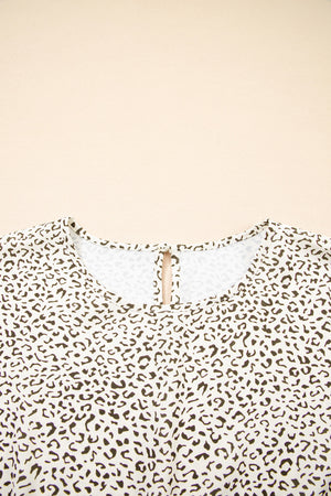 Beige Plus Size Leopard Print Frill Trim Short Sleeve Flared Dress