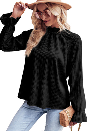 Black Frilled Mock Neck Bubble Sleeve Pleated Blouse