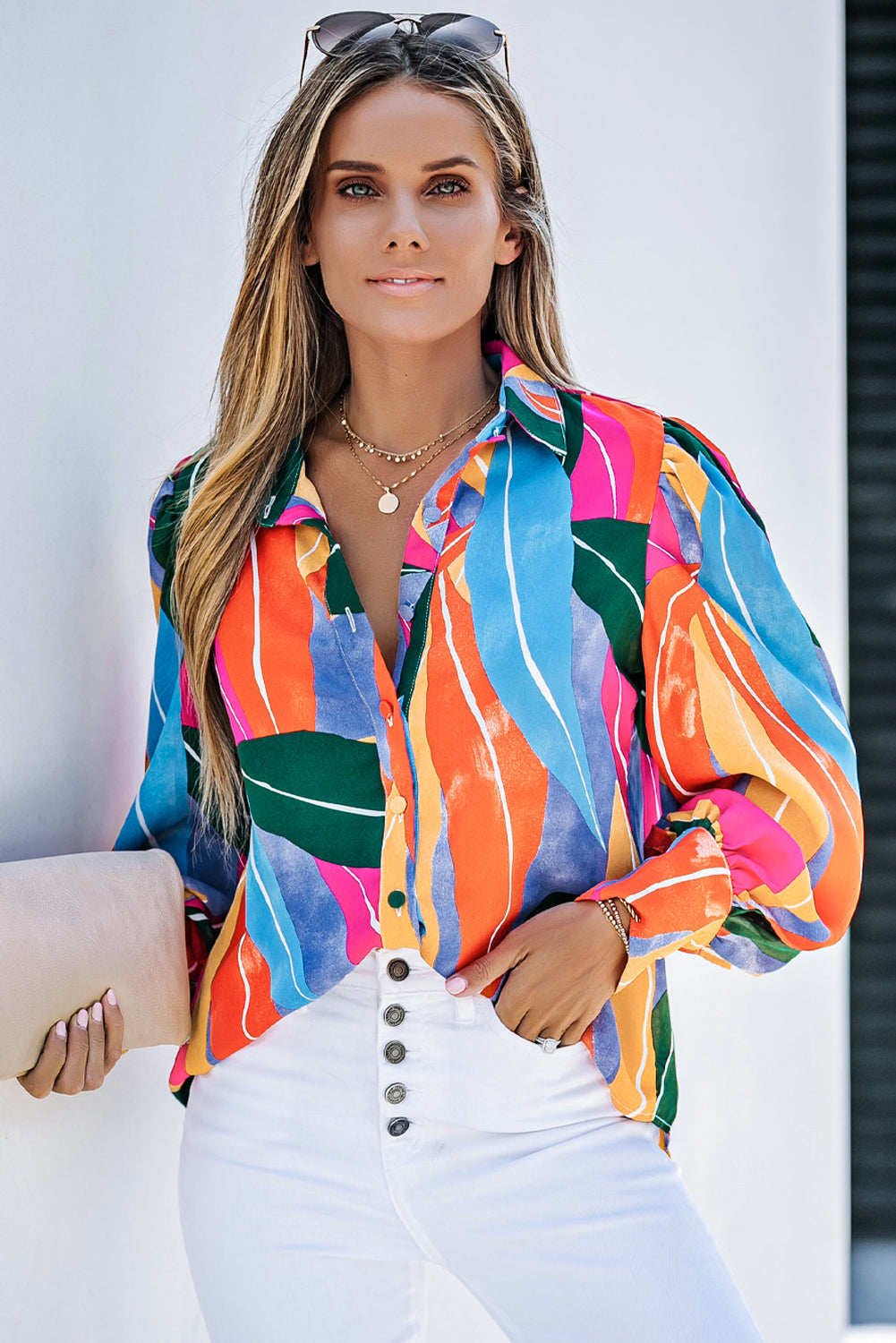 Multicolor Swirl Color Block Print Lantern Sleeve Shirt