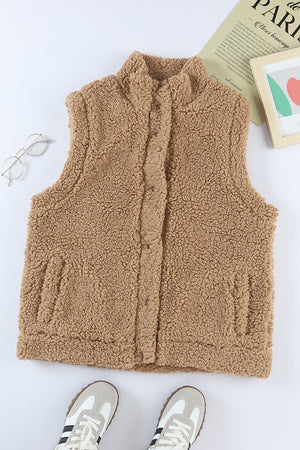 Green Snap Button Collared Stand Neck Sherpa Vest