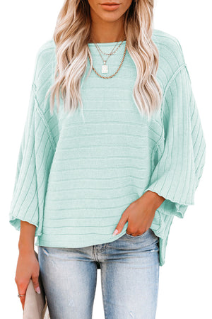 Apricot Solid Color Ribbed Knit 3/4 Sleeve Pullover Sweater