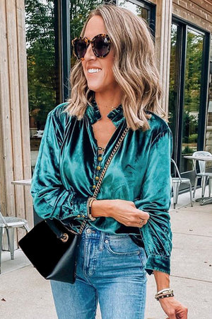 Black Frilled Neck Buttoned Front Velvet Top