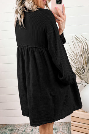 Black Ribbed and Crinkle Patchwork Puff Sleeve Shirt Dress