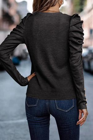 Gray Basic Buttoned Puff Long Sleeve Sheath Top