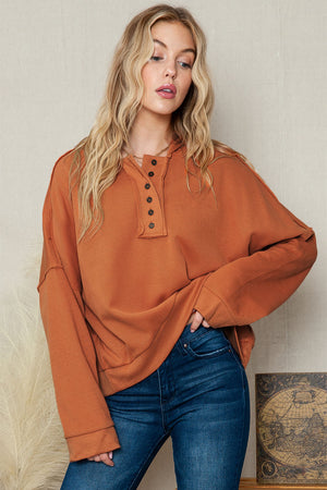 Orange Basic & Casual Button Front Pullover Hoodie