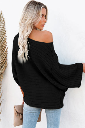 Apricot Solid Color Ribbed Knit 3/4 Sleeve Pullover Sweater