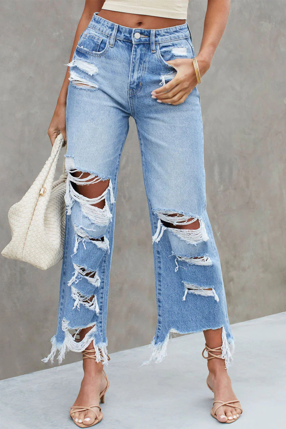 Sky Blue Heavy Destroyed Raw Hem Wide Leg Jeans