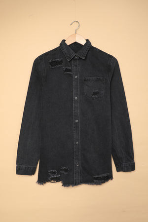 Green Casual Ripped Raw Hem Button Up Denim Shacket