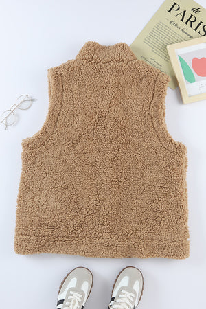 Green Snap Button Collared Stand Neck Sherpa Vest