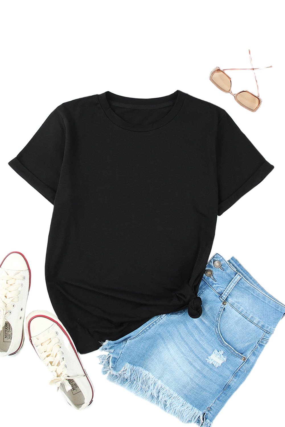 Green Plain Solid Color Crew Neck Tee
