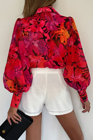 Multicolor Swirl Color Block Print Lantern Sleeve Shirt