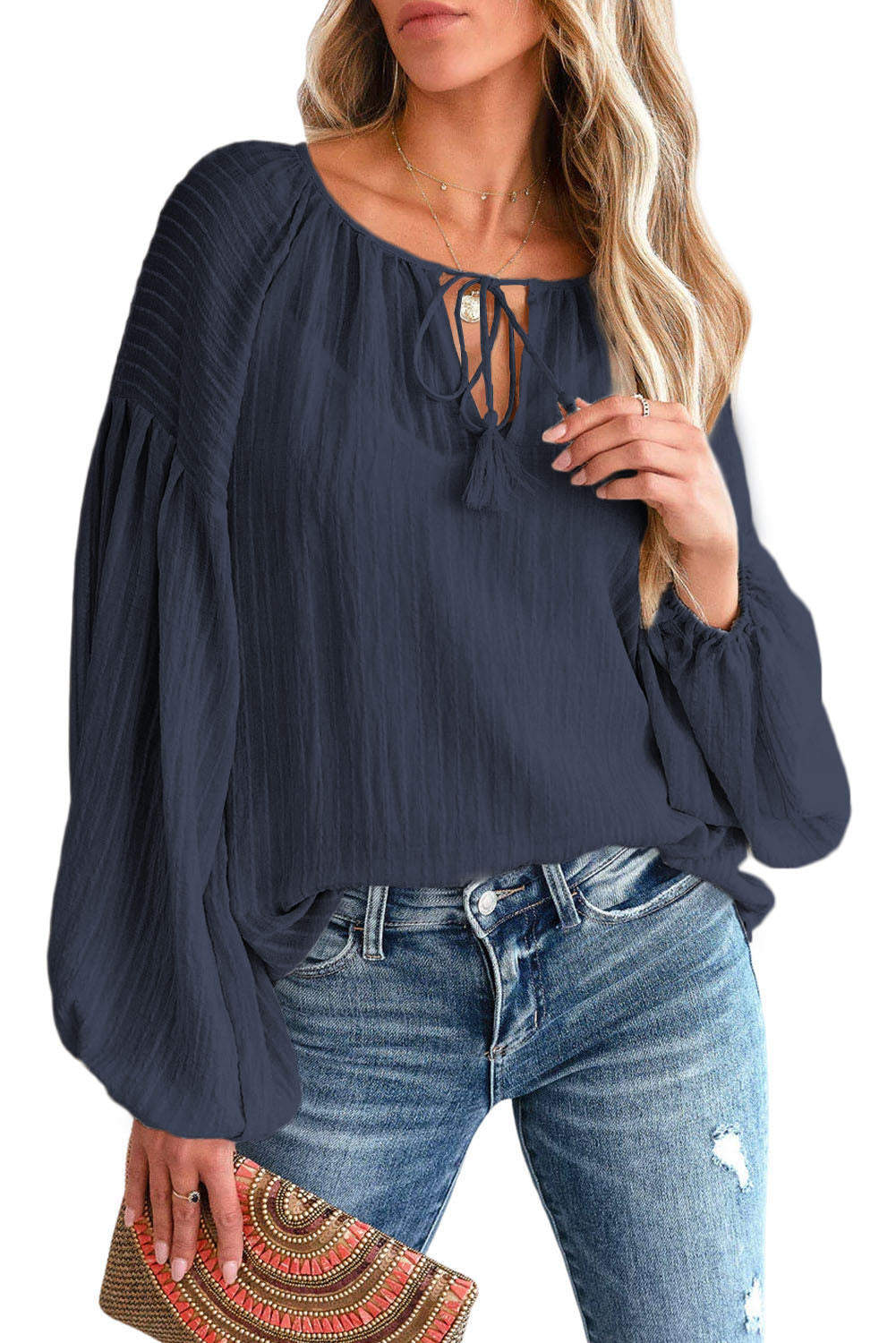 Brown Lantern Sleeve Tassel Drawstring Tie Blouse