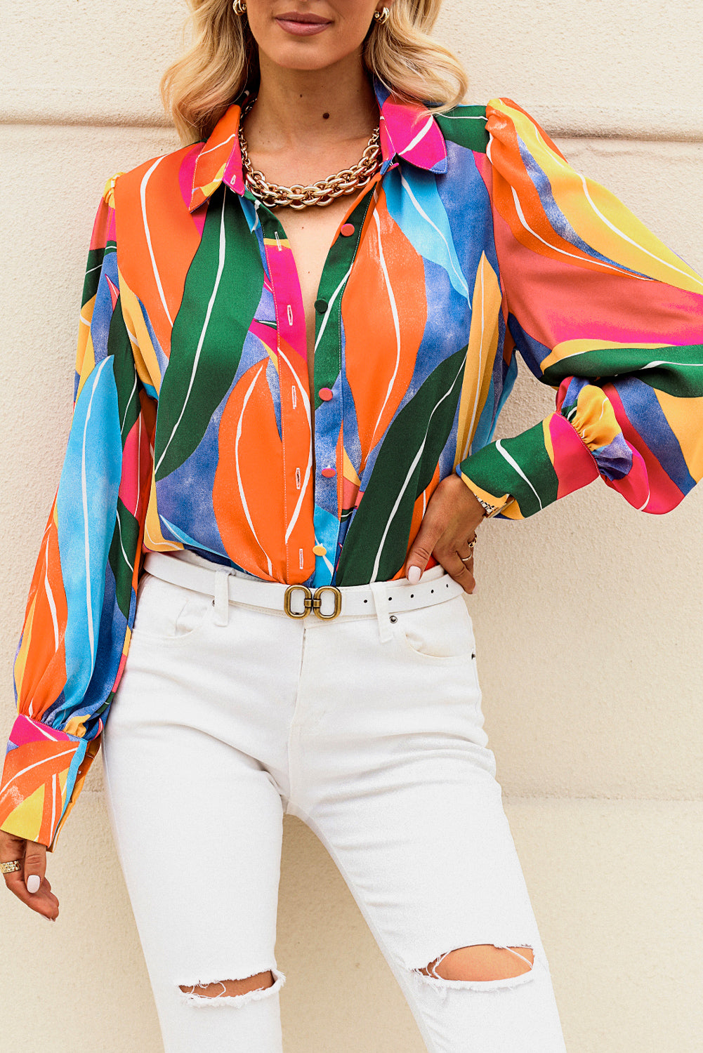 Multicolor Swirl Color Block Print Lantern Sleeve Shirt