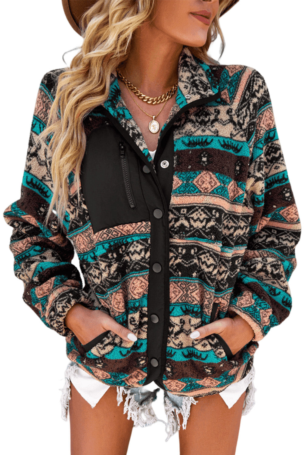 Black Geometric Colorblock Colorblock Snap Button Sherpa Jacket