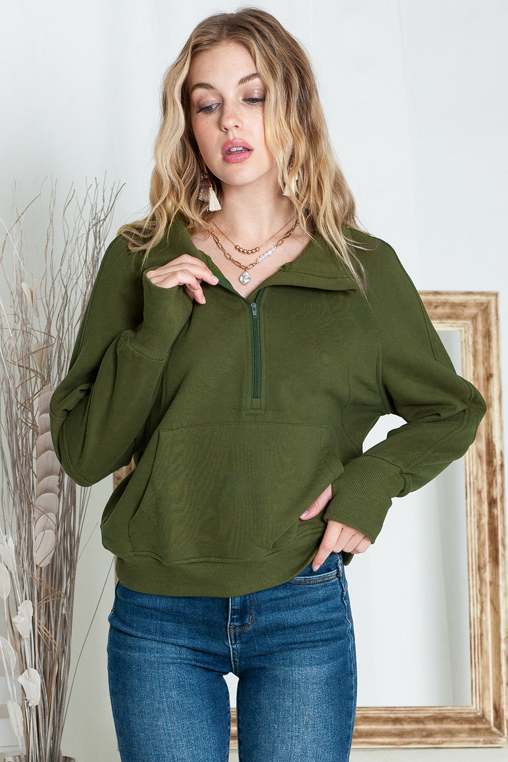 Green Zip Up Stand Collar Ribbed Thumbhole Sleeve Sweatshirt