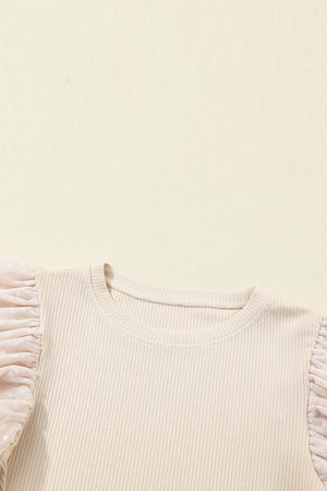 Apricot Dotty Mesh Ruffle Sleeve Ribbed Knit Top